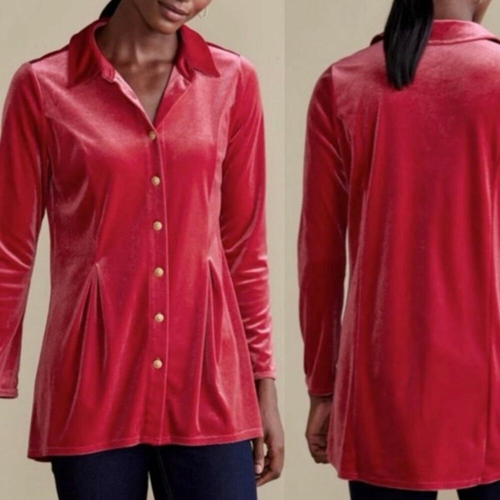 Soft Surroundings Women's XL Enchanted Velvet Shirt Sangria‎ Red Gold Buttons